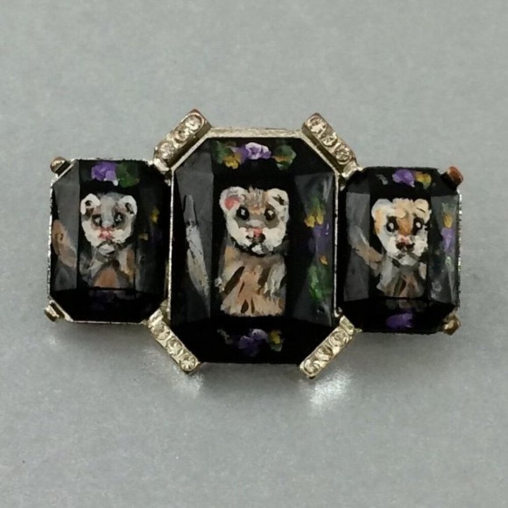 Hand-Painted Ferret Black Brooch Pin Silvertone Metal  Pet Artisan Polecat